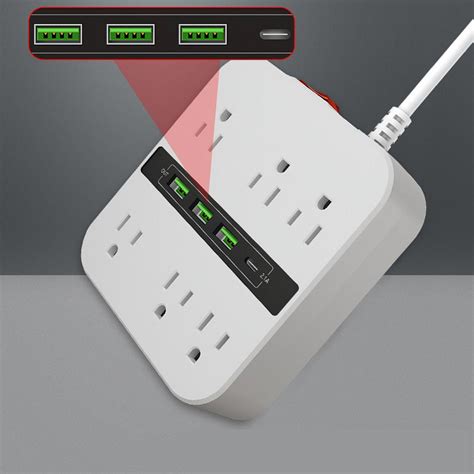 US 3 Plug Power Extension 2m Cable With 3 USB And Type-c And Six Ports