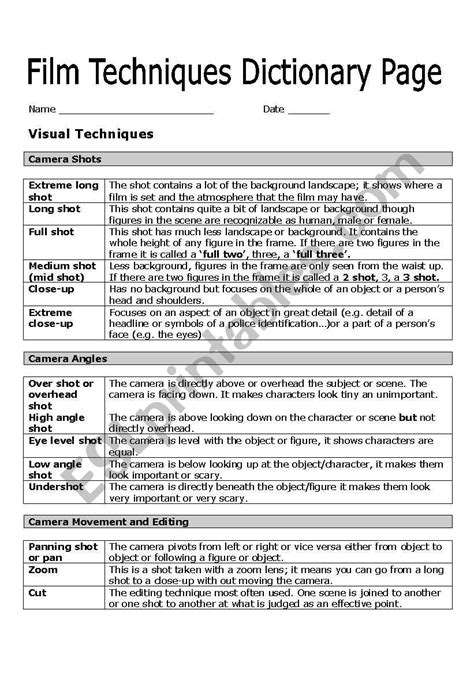 Film Techniques Introduction Or Revision Esl Worksheet By Jogray