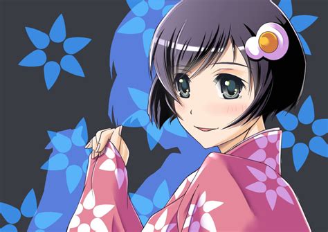 Safebooru 1girl Araragi Tsukihi Black Eyes Black Hair Blush Flower Hair Ornament Highres