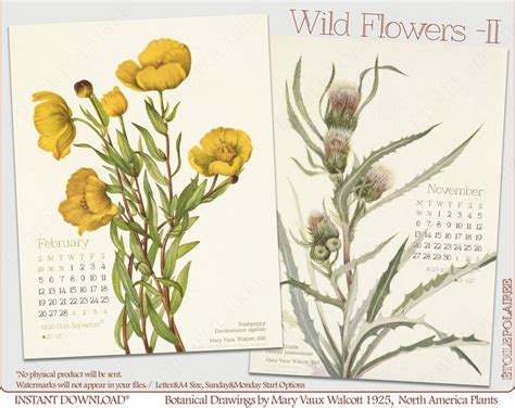 Botanical Calendar 2023 Printable Digital Monthly Wall Etsy