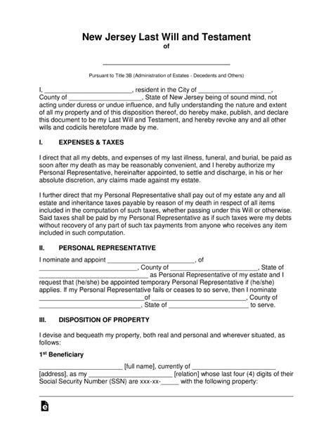 Last Will And Testament Template New Jersey