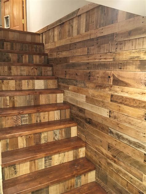 Pallet Wall And Risers Pallet Stairs Rustic House Basement Makeover