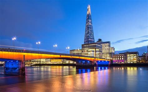 London England Bridge River Thames Evening Lights Buildings