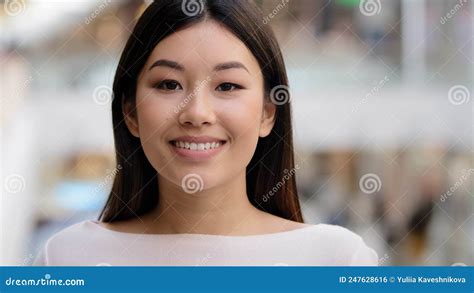 Asian Headshot Happy Optimistic Millennial Girl 20s Brunette Woman With Natural Make Up