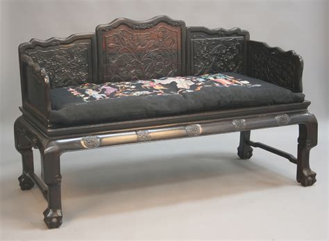 A Chinese Carved Hardwood Bench Probably Late 19th Century The Shaped