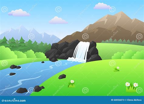 River Waterfall Mountains Summer Landscape Day Illustration Stock