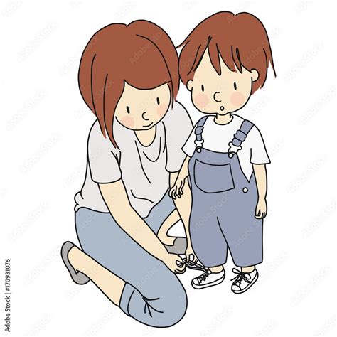 Vector Illustration Of Mother Helping Cute Little Child Tie Shoelaces