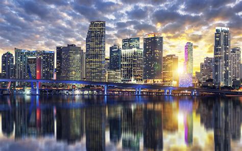 Miami At Sunset Buildings Reflection City In Florida Usa Desktop Hd