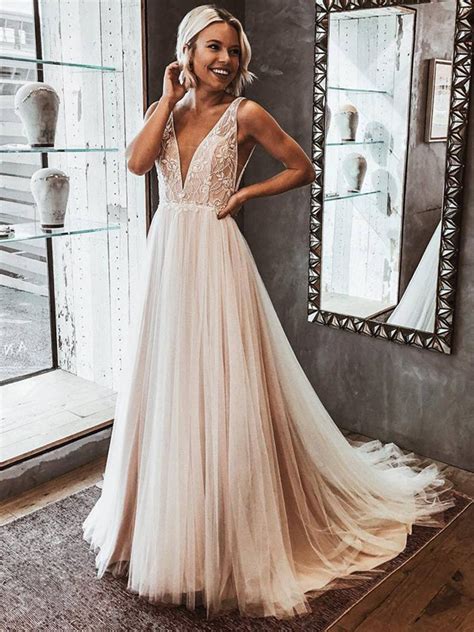 2019 New A Line V Neck Open Back Ivory Tulle Wedding Dresses With Lace