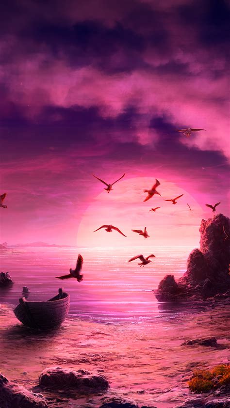 2160x3840 Seagull Birds Boat Landscape Purple Sunset Sony Xperia Xxz