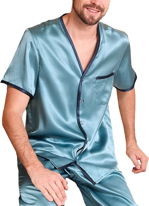 Mens 100 Silk Short Sleeve Pajamas Set V Neck Sleepwear Pj Suit With