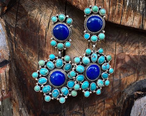 Turquoise Lapis Lazuli Cluster Dangle Earrings Navajo Native American