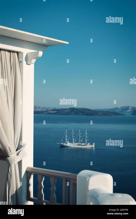 The Santorini Sea View With A Boat And Amazing Landscape And Typical