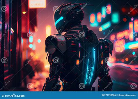 Cyberpunk Robot Walking Down The Street Evening Neon Lights Digital