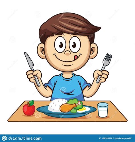 Boy Who Is Eating Nutritious Food With Milk And Fruit Cartoon Vector