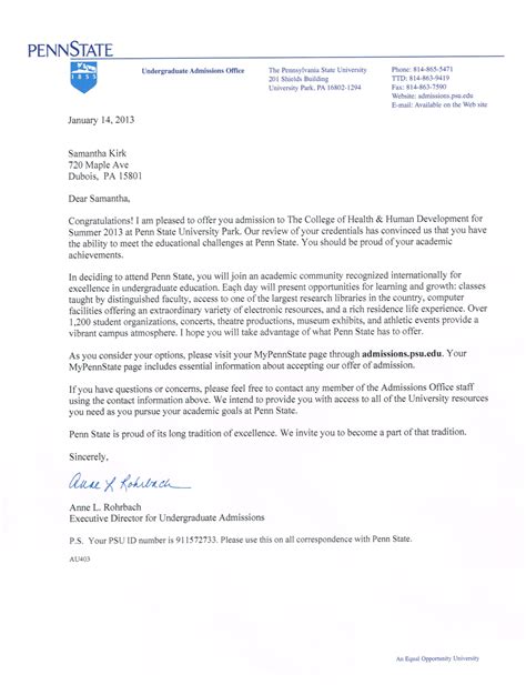 Penn State Acceptance Letter Download Printable Pdf Templateroller