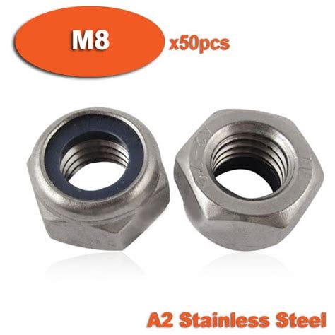 50pcs Din985 M8 Stainless Steel Nylon Insert Hex Lock Nuts A2 Hexagon