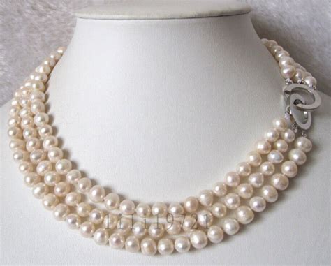 3 Row 7 8mm White Freshwater Cultured Pearl Necklace 16 18 Noble