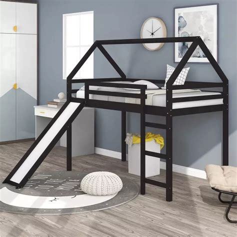 Twin Size House Loft Bed With Slide And Ladder Under Bed Storageandplay