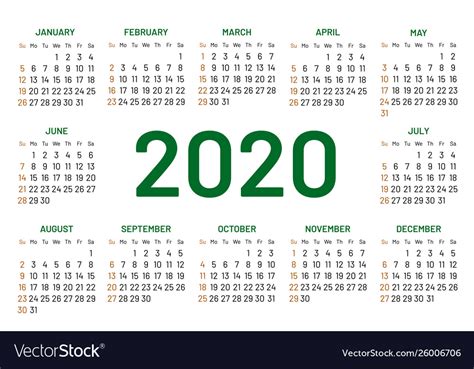 Pocket Calendar 2020 Year Royalty Free Vector Image