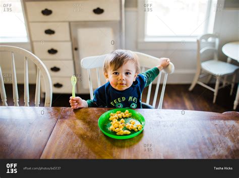 Toddler Boy Sitting At Dining Room Table Eating Dinner Stock Photo Offset