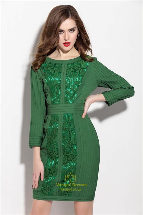 Emerald Green Long Sleeve Dress With Lace Embellished