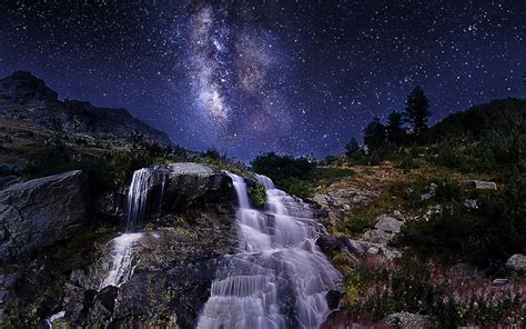 Waterfall On Milky Way Night Hd Wallpaper Background Image