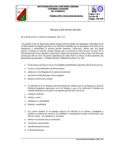 Prueba Icfes Grado DÉcimo Pdf Felicidad Existencia