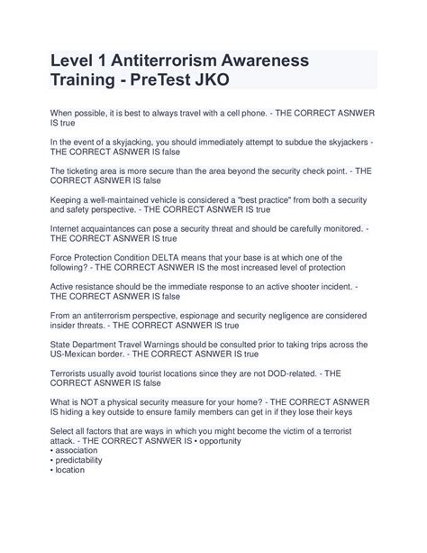 Level 1 Antiterrorism Awareness Training - PreTest JKO 20222023 