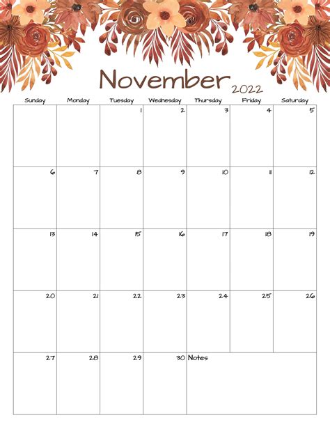 November Calendar November 2022 Printable Calendar Autumn Calendar