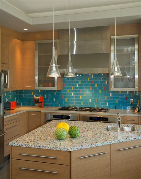 San Francisco Recycled Glass Countertops With Satin Mosaic Tiles Kitchen Contemporary And Remo