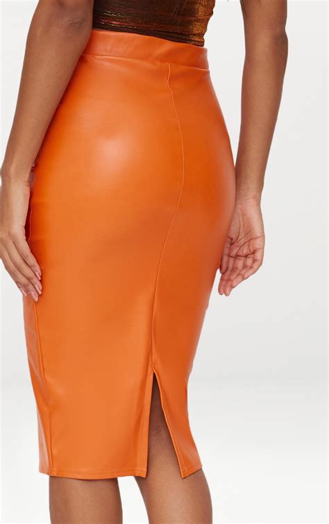 Orange Faux Leather Panel Midi Skirt Prettylittlething Ca