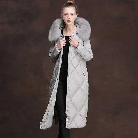 women fox fur long down coats super warm long coat fur collar hooded jacket slim winter parka