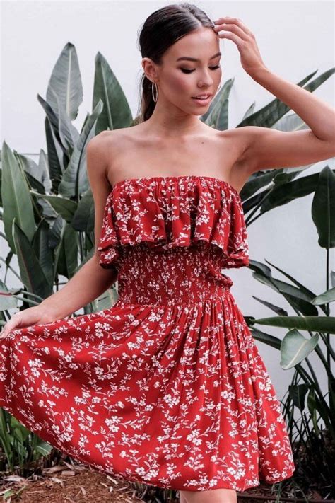 2018 women summer printing dress strapless red floral printing mini dress stretch waist holiday
