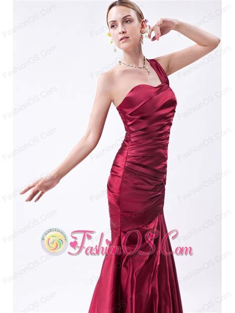 Wine Red Mermaid One Shoulder Prom Dress Taffeta Ruch Floor Length 10884