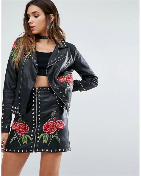 Missguided Leather Look Biker Jacket With Studs And Rose Embroidery In