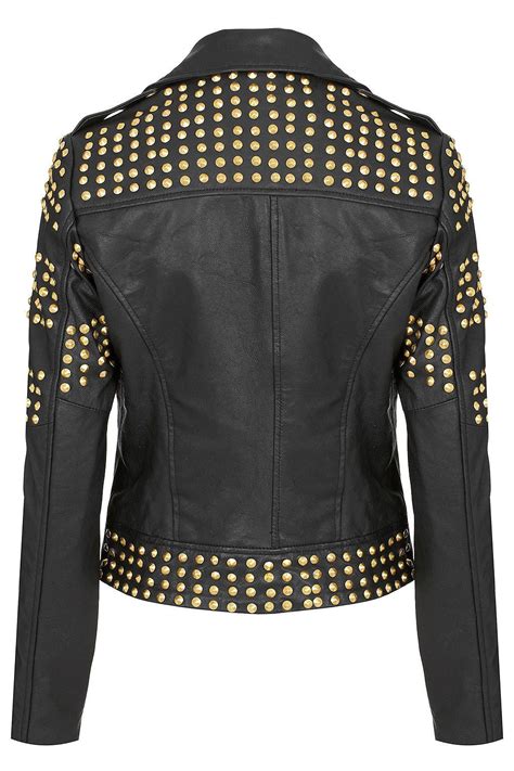 Topshop Gold Studded Leather Jacket Blazer Coat Outerwear Uk 8 10 12 36