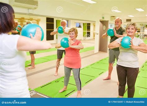 Group Of Seniors Exercises With The Mini Gym Ball Stock Image Image