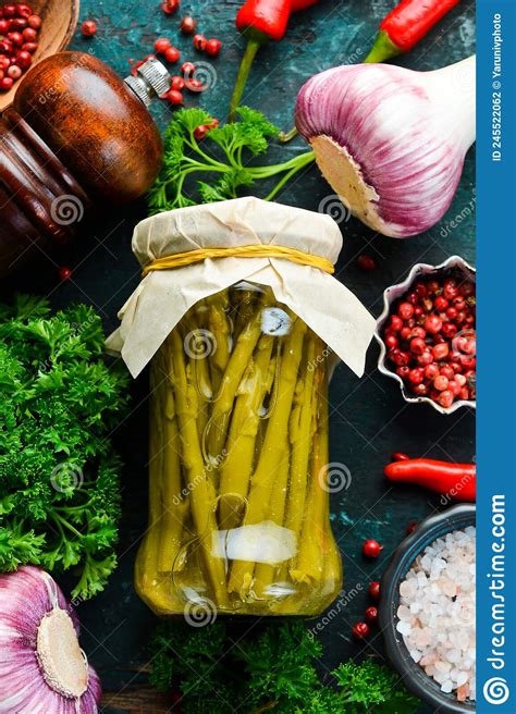 Marinated Green Asparagus In A Glass Jar Vegetarian Healthy Food