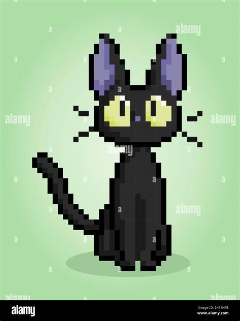 Pixel 8 Bit Black Cat Animals For Game Assets In Vector Illustration