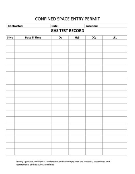 Confined Space Permit Sign Entry Log