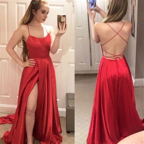 Sexy A Line Spaghetti Straps Backless Slit Red Satin Prom Dress On Storenvy