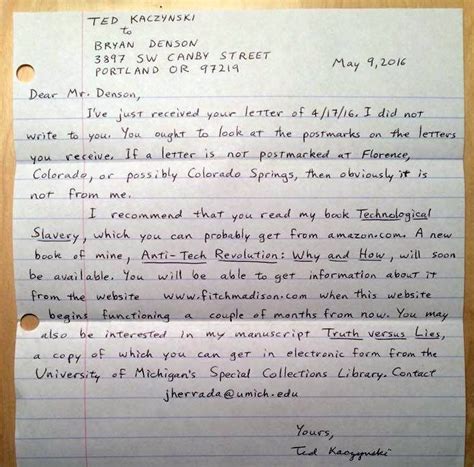 How To Write A Letter To Ted Kaczynski Amos Writing
