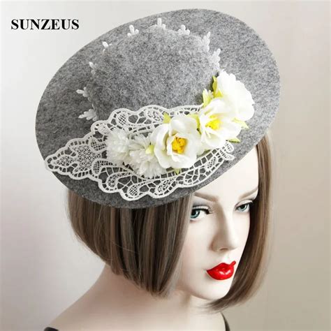 Fall Winter Grey Bridal Hats With Ivory Lace Flowers Elegant Women
