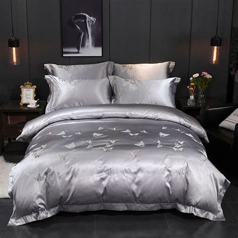 Silver White Luxury Bedding Set Cotton Satin Silk Bed Set Queen King