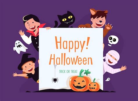 Free Vector Happy Halloween Trick Or Treat Card With Characters