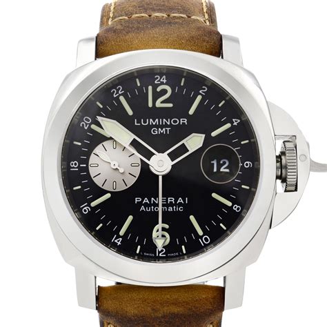 Panerai Luminor Gmt Steel Leather Black Dial Automatic Mens Watch