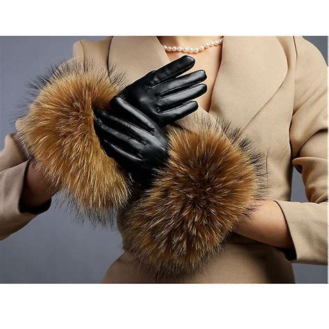 evago winter plushed women s lambskin leather gloves with real raccoon fur trim touchscreen or