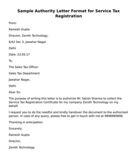 Sample authority letter for bank if any company or organization allows any employee to attain the athority to deal with the bank. Authority Letter Format for Service Tax Registration