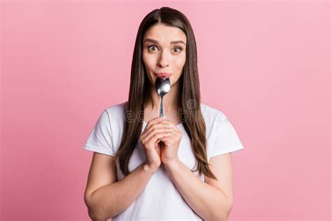 Photo Portrait Young Woman Licking Spoon Hungry Isolated Pastel Pink